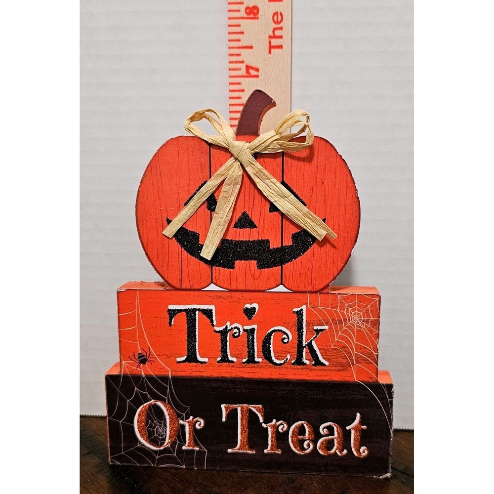 Halloween Trick or Treat Wooden Block Sign Glitter Pumpkin Decor Greenbrier 7in